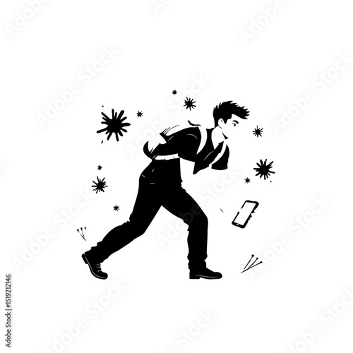 Illustration of a man in black clothes falling while trying to catch his cell phone