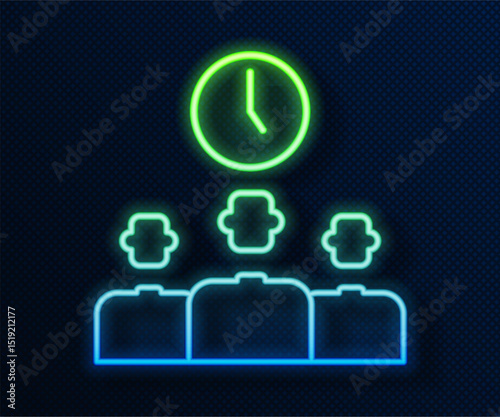 Glowing neon line Time Management icon isolated on blue background. Clock and gear sign. Productivity symbol. Vector
