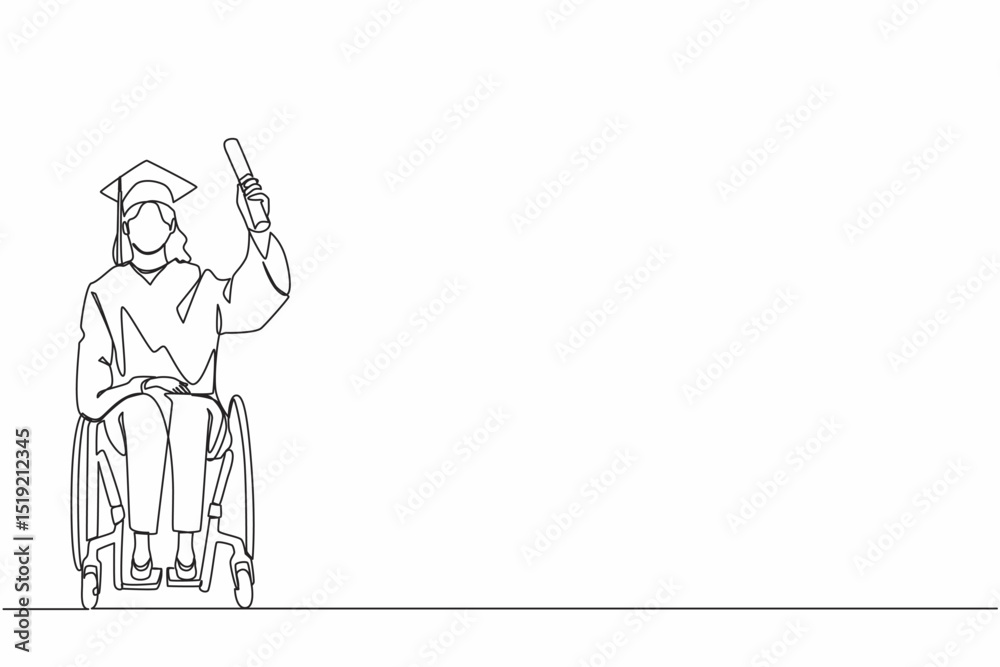 Single continuous line drawing inclusive affordable education. Graduate of disabled female student in wheelchair has learned from program of school, university. One line design vector illustration Single continuous line drawing inclusive affordable education. Graduate of disabled female student in wheelchair has learned from program of school, university. One line design vector illustration