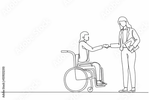 Single continuous line drawing disabled businesswoman in wheelchair shaking hand with business partner or boss. Handicapped manager dialogue with business colleague. One line graphic design vector