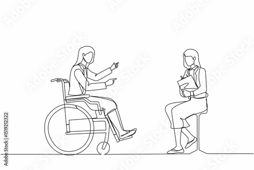 Continuous one line drawing job interview for people with disabilities. Disabled woman sitting in wheelchair, accepting hired contract with female employer. Job interviews. Single line design vector