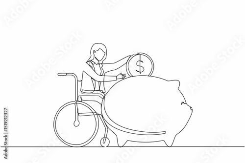 Single one line drawing disabled businesswoman saving coin dollar money. Person in wheelchair holding piggy bank and thinking of money. Disability, finance concept. Continuous line draw design vector