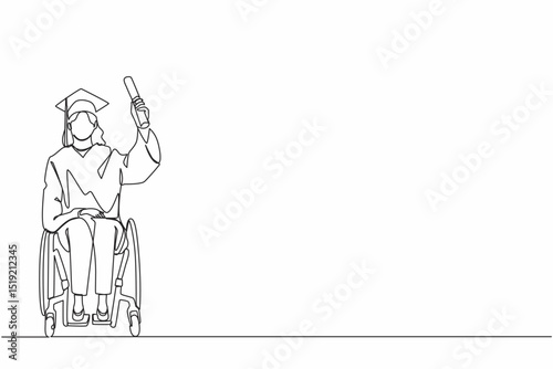 Single continuous line drawing inclusive affordable education. Graduate of disabled female student in wheelchair has learned from program of school, university. One line design vector illustration