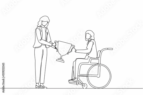 Single continuous line drawing presenting prize to businesswoman in wheelchair. Disabled woman on wheelchair with trophy cup sharing her joy from achievement victory. One line graphic design vector