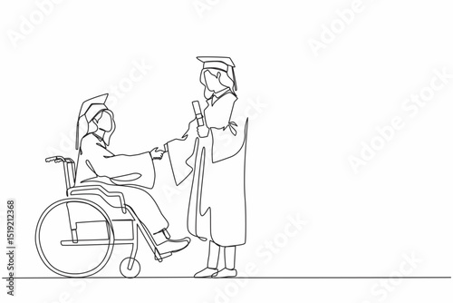 Continuous one line drawing full length of female graduate student in wheelchair shaking hand with female graduate student standing and holding diploma. Single line design vector graphic illustration