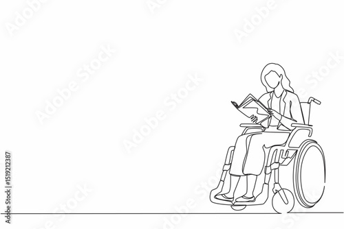 Single one line drawing positive student disabled reads book while sitting in wheelchair. Brave woman studying in college. Rehabilitation of disabled people. Continuous line draw design vector