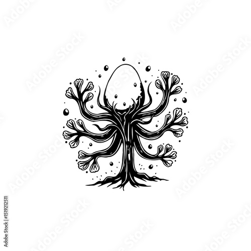 Monochrome Illustration of an Octopus-Like Figure with Multiple Tentacles and Bubbles