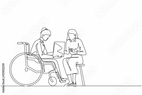 Single continuous line drawing disabled woman patient in wheelchair talking with doctor, discuss results of medical examination. Doctor hold checklist. One line draw graphic design vector illustration