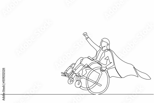 Continuous one line drawing disabled businesswoman in cloak blazer pretend to be superhero, raising hands up. Be happy and strong despite life's difficulties. Single line draw design vector graphic
