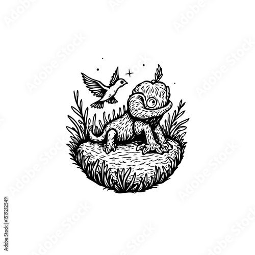 Enchanting hand-drawn illustration of a lizard, bird, and botanical details in whimsical style