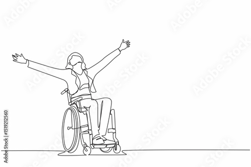 Single one line drawing businesswoman sitting in wheelchair, raising hands in happiness, rehabilitation concept. Happy person raising her hands up for joy. Continuous line draw design graphic vector