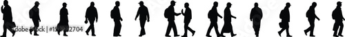 Silhouette people walking showing individual character with diverse stride, a representation of anonymity and the flow of human activity.