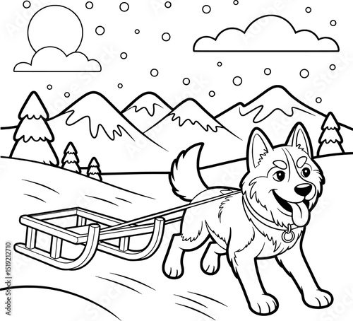 Happy husky pulling sled snowy mountain winter scene