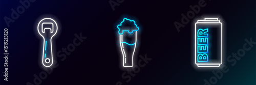 Set line Beer can, Bottle opener and Glass of beer icon. Glowing neon. Vector