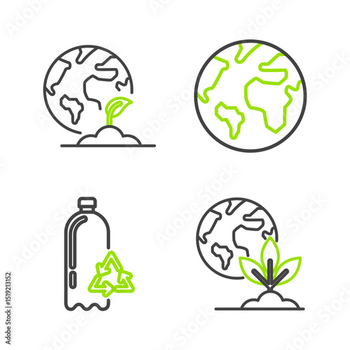 Set line Earth globe and plant, Recycling plastic bottle, and icon. Vector