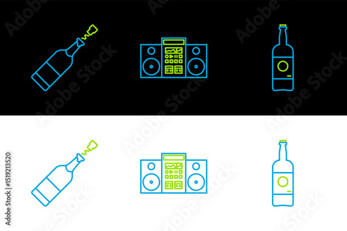 Set line Beer bottle, Champagne and Home stereo with two speakers icon. Vector