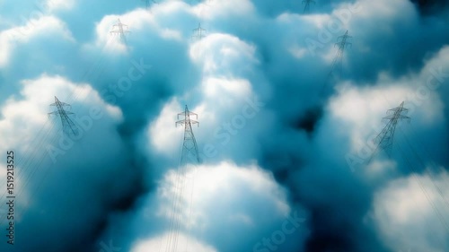 A surreal aerial view of high-voltage power lines rising through dense clouds and mist in the sky. Climate technology, atmospheric energy systems, infrastructure symbolism, environmental abstraction