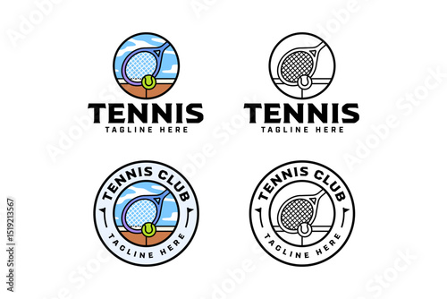 tennis racket with ball with court and blue sky colorful illustration logo design. tennis racquet, field and ball with sky circle outline badge logo design set for tennis sport club and tournament