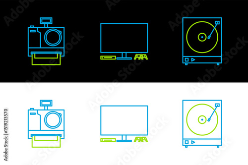 Set line Vinyl player with a vinyl disk, Photo camera and Video game console icon. Vector