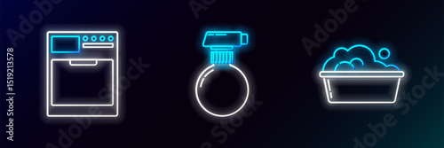 Set line Plastic basin with soap suds, Washer and icon. Glowing neon. Vector