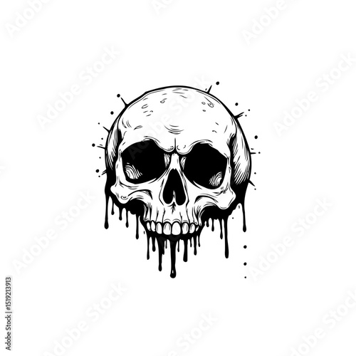 Fototapeta Haunting monochrome skull illustration drips with dark ink, creating a morbid gr