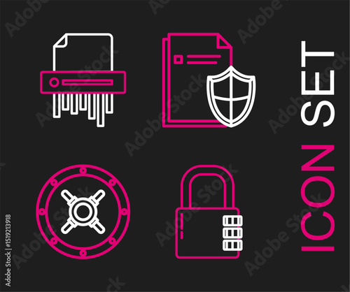 Set line Safe combination lock, Document protection concept and Paper shredder confidential icon. Vector