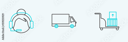 Set line Electric hand truck and boxes, Support operator in touch and Delivery cargo vehicle icon. Vector