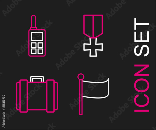 Set line Flag, Military ammunition box, reward medal and Walkie talkie icon. Vector
