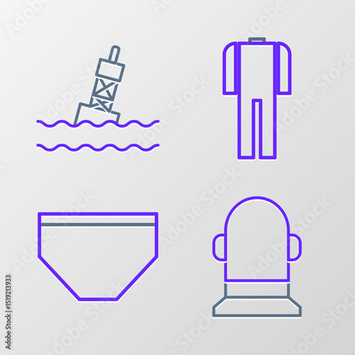 Set line Buoy, Swimming trunks, Wetsuit for scuba diving and Floating buoy on the sea icon. Vector