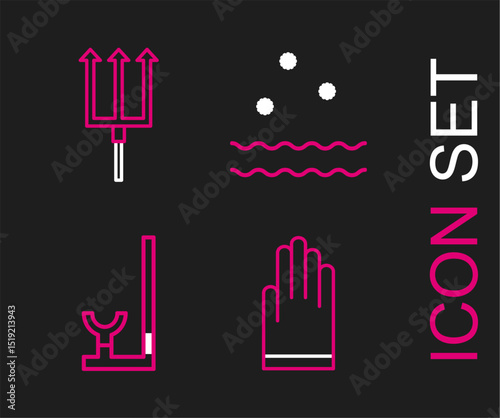 Set line Gloves, Snorkel, Cold and waves and Neptune Trident icon. Vector