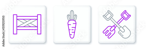 Set line Shovel and rake, Garden fence wooden and Carrot icon. Vector