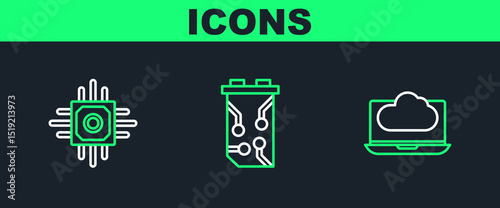 Set line Cloud technology data transfer and storage, Processor and Video graphic card icon. Vector