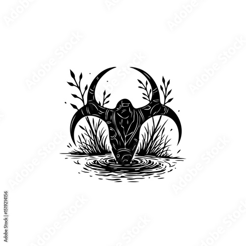 Mystical creature emerging from water with horns, reeds, and ripples isolated
