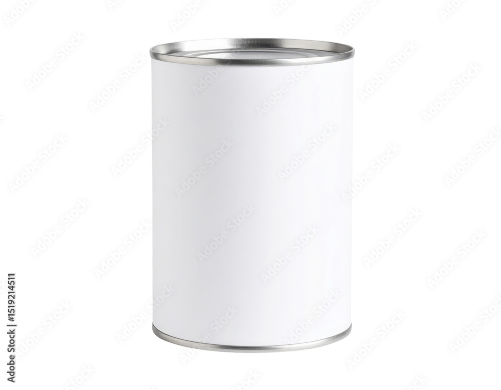 A plain, cylindrical metal can with a blank white label and sealed top. A plain, cylindrical metal can with a blank white label and sealed top.