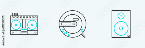 Set line Stereo speaker, DJ remote for playing and mixing music and Music CD player icon. Vector photo