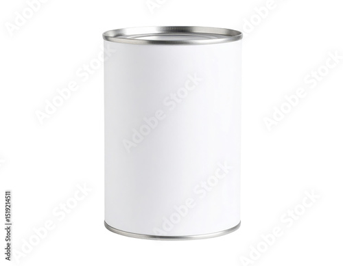 A plain, cylindrical metal can with a blank white label and sealed top.