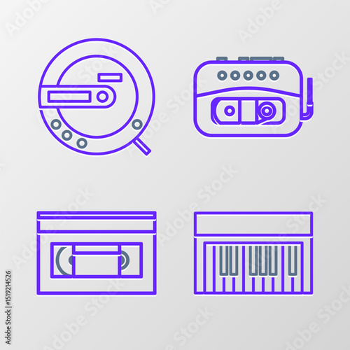 Set line Music synthesizer, VHS video cassette tape, player and CD icon. Vector