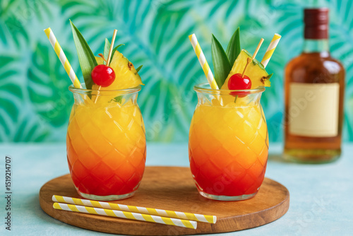 Two vibrant tropical sunrise cocktails in pineapple-shaped glasses, garnished with fruit and straws. Served on wood, ideal for summer parties, with a rum bottle and leafy backdrop.