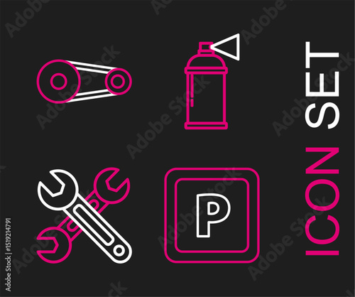 Set line Parking, Wrench, Paint spray can and Timing belt kit icon. Vector