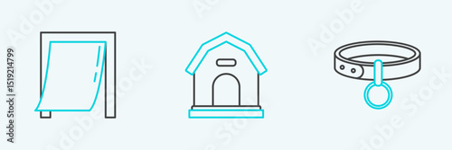 Set line Collar with name tag, Door for pet and Dog house icon. Vector