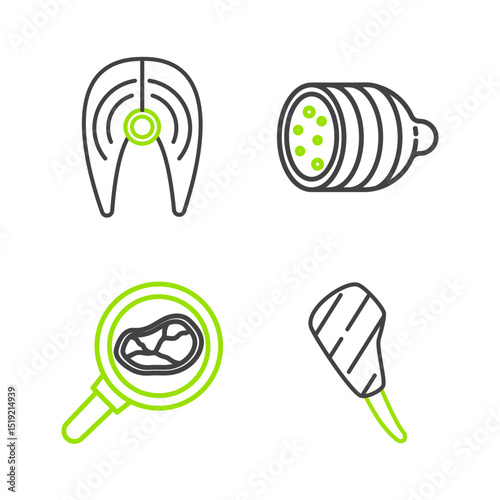 Set line Rib eye steak, Steak meat in frying pan, Salami sausage and Fish icon. Vector