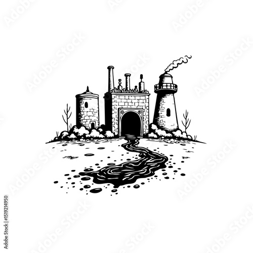 Monochrome illustration showcasing industrial structures and environmental pollution
