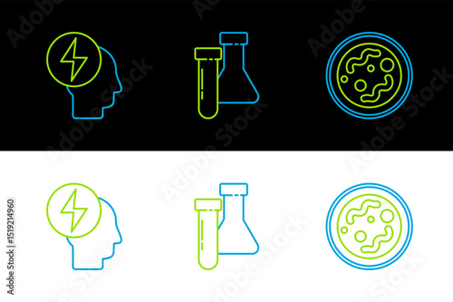 Set line Bacteria, Head and electric symbol and Test tube flask chemical icon. Vector