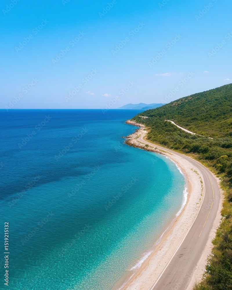 Fototapeta premium Serene Coastal View with Curving Road Next to Clear Turquoise Water and Lush Green Hills under Bright Blue Sky