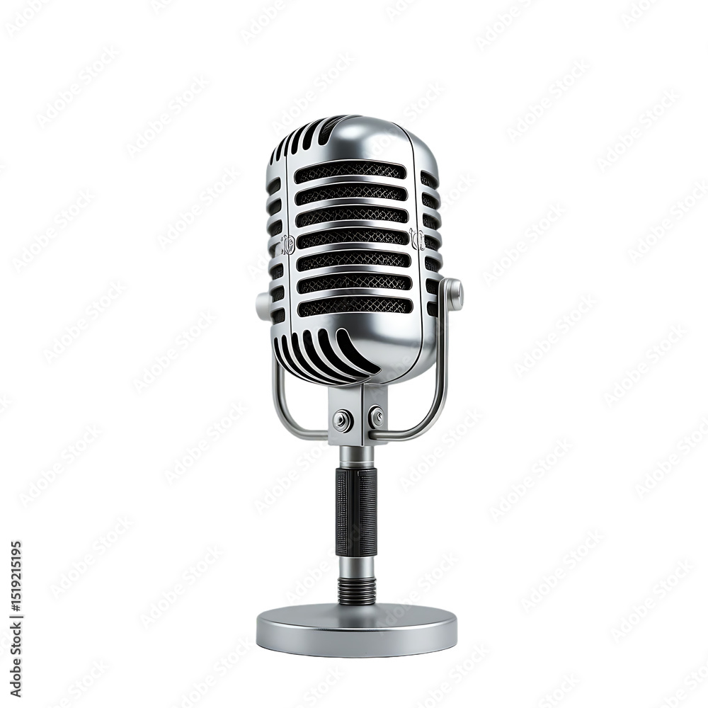 Fototapeta premium Vintage Silver Microphone on Stand, Retro Audio Equipment, Broadcasting