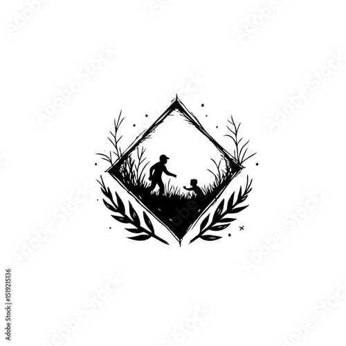 Illustration of a father and child interacting amidst nature in a decorative frame