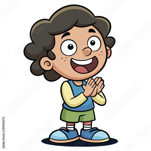 A young cartoon girl with curly hair and freckles standing and clapping her hands in excitement