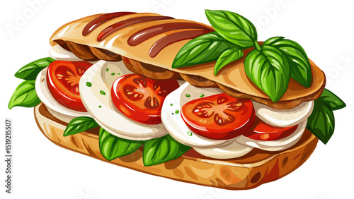 Fresh mozzarella, ripe tomatoes, and basil leaves layered inside ciabatta, drizzled with balsamic glaze, close-up view on white background highlighting soft textures and Mediterranean vibrance.