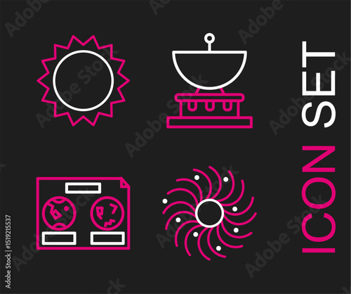 Set line Black hole, Celestial map of the night sky, Planet Saturn and Sun icon. Vector