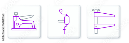 Set line Clamp tool, Construction stapler and Hand drill icon. Vector